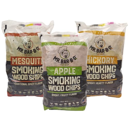 Mr. Bar-B-Q Smoker Wood Chips Bundle of 3 Flavors - Apple, Mesquite, and Hickory Wood Chips for Smokers | Smoke Wood Chips for Grilling, Cooking, and Camping (3 x 1.6 Pound Bags)