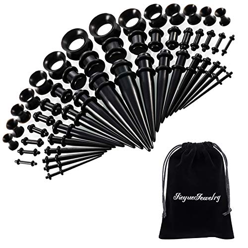 50 Pieces Ear Stretching Kit 14G-00G by JieyueJewelry - Acrylic Tapers and Plugs + Silicone Tunnels - Ear Gauges Expander Set Body Jewelry (Black)