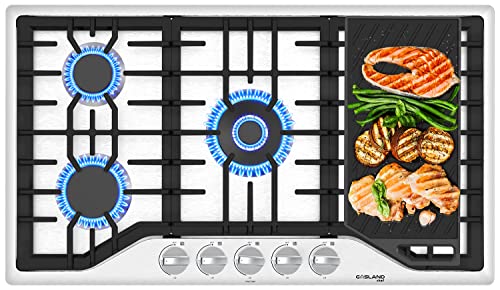 36 Inch Gas Cooktop with Griddle, GASLAND Chef PRO GH3365SF 5 Burner Gas Stovetop with Reversible Cast Iron Grill/Griddle, Gas Countertop Plug-in, NG/LPG Convertible Gas Cooktops, Stainless Steel