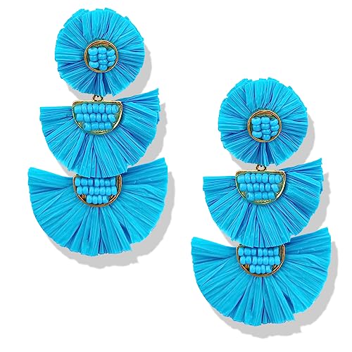 Bohemian Statement Earrings, Lightweight Tiered Raffia Beaded Earrings Drop Dangle Earrings Gifts for Women Girls