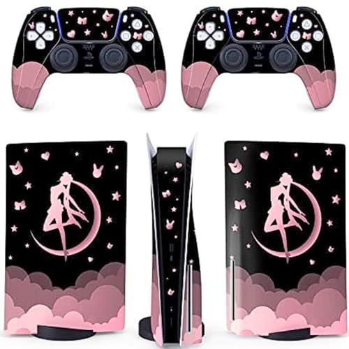 BelugaDesign Moon Skin PS5 | Anime Magical Girl Cloud Stars | Cute Kawaii Vinyl Cover Wrap Sticker Full Set Console Controller | Compatible with Sony Playstation 5 (PS5 Regular Disc, Pink Black)