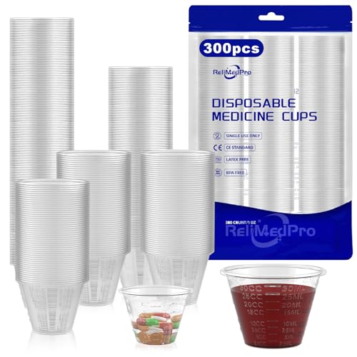 ReliMedPro disposable medicine cups graduated, bulk pack of 300, 1 oz (30ml) small plastic measuring cup for liquid medication, paint, epoxy, pill and resin
