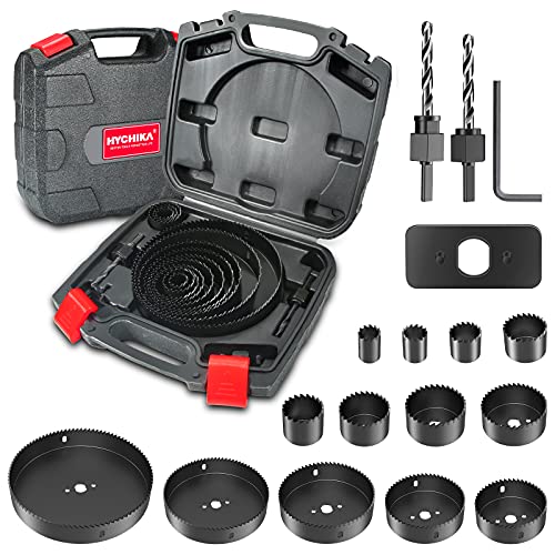 Hole Saw Set HYCHIKA 19 Pcs Hole Saw Kit with 3/4'-6'(19-152mm) 13Pcs Saw Blades, 2 Mandrels, 2 Drill Bits, 1 Installation Plate, 1 Hex Key, Ideal for Soft Wood, Plywood, Drywall, PVC