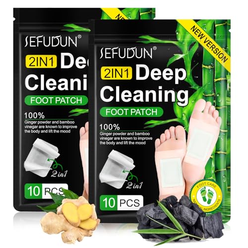 2-in-1 Upgrade Foot Pads,20PCS Deep Cleansing Foot Pads,Natural Ginger Powder Bamboo Vinegar Foot Patches for Foot Care,Relieve Stress,Better Sleep,Pain Relief,Relaxation,Remove Dampness.