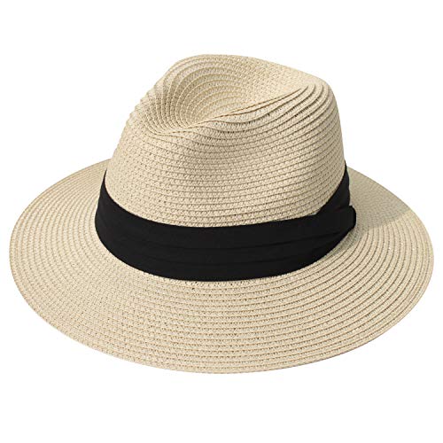 DRESHOW Women Straw Panama Hat Travel Fedora Beach Sun Hat Summer Wide Brim Straw Roll up Hat UPF 50+