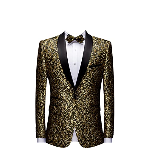 Floral Jacquard Dress Blazers Men Patchwork Collar One Button Tuxedo Suit Jacket Banquet Blazer Gold L