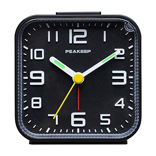 Peakeep 3D Numbers No Tick-Tock Analog Alarm Clock with Classic Beep Sound, Snooze, Manual Light and Battery Powered Small for Travel (Black-3D)
