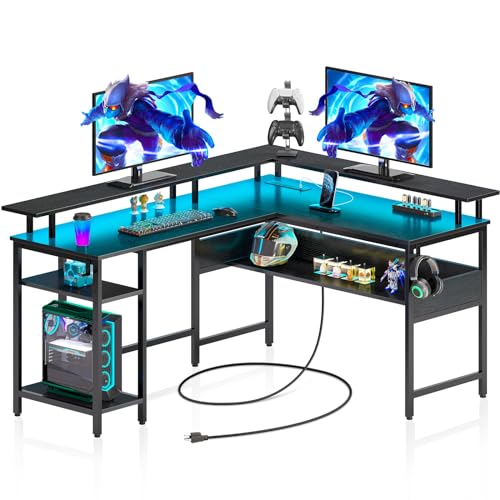 Rolanstar Computer Desk L Shaped 56.7' with LED Lights and Power Outlets, Reversible L Shaped Gaming Desk with Monitor Stand, Home Office Desk with Storage, Desk with USB Port and Hook, Black