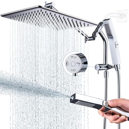 G-Promise All Metal 12'' Rain Shower Head with Handheld Built-in Power Wash Mode 3-way Diverter with Pause Setting 11'' Adjustable Extension Arm with Lock Joint 65'' Stainless Steel Hose