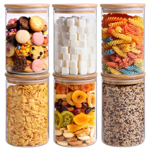 ComSaf 32oz Glass Storage Containers with Lids, Glass Jars with Bamboo Lids, Clear Food Storage Jar, Round Glass Canister Set of 6, Pantry Organizers and Storage for Pasta Flour Rice Tea Coffee Bean