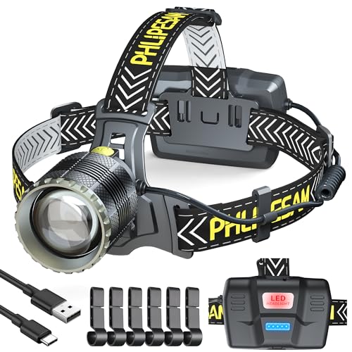 PHLIPESAM 150000LM 50W Headlamp & 60H Standby Battery Time, Head lamp with Motion Sensor Zoomable Function, 90°Angle Adjustable Head Light & Widened Headband for Hiking Hunting Camping Hardhat
