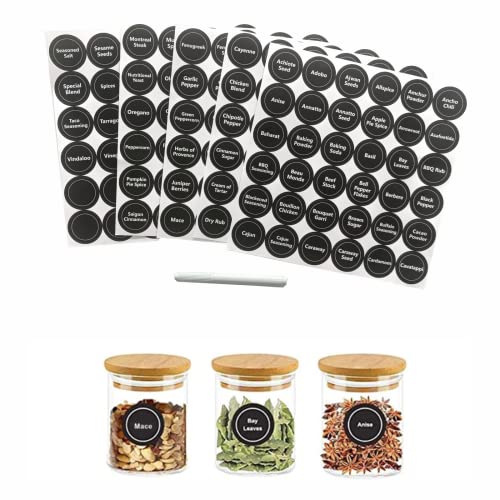 180 Spice Jar Labels - Chalkboard Stickers, Preprinted and Blank - Round and Erasable for Spice Containers