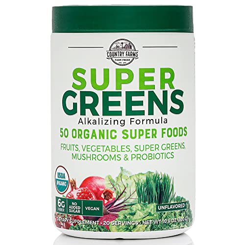 Country Farms Super Greens Natural Flavor, 50 Organic Super Foods, USDA Organic Drink Mix, Fruits, Vegetables, Super Greens, Mushrooms & Probiotics, Supports Energy, 20 Servings, 10.6 Oz