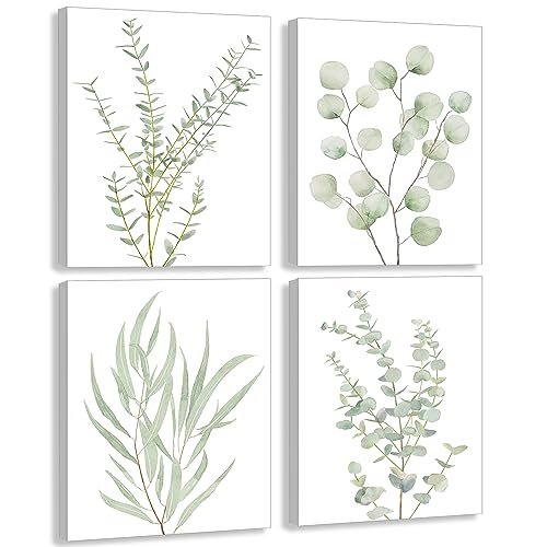 Erctoo Botanical Plant Canvas Wall Art, Framed Boho Wall Decor for Bathroom, Minimalist Aesthetic Bedroom Wall Art, Sage Green Eucalyptus Leaf Prints for Office, Set of 4PCS, 8”X10”