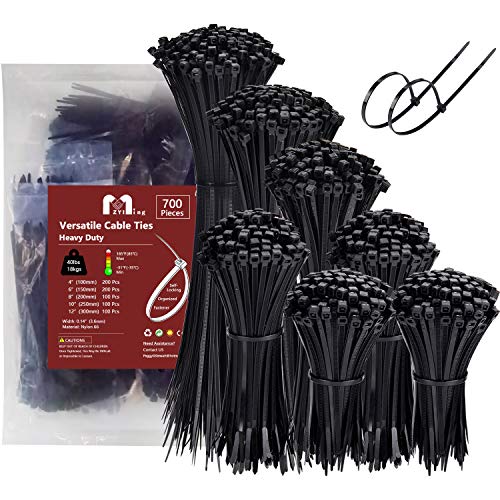 Zip Ties Assorted Sizes 700 Pack 4+6+8+10+12 Inch Cable Ties Heavy Duty 40lbs Plastic Wire Ties UV Resistant Zipties Black Small Zip Tie Wraps Assortment Cord Management for Home, Office, Gardening