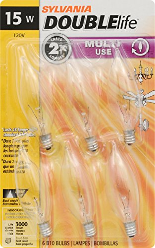 SYLVANIA Double Life Incandescent Light Bulb, B10, 15W, Candelabra Base, 65 Lumens, 3000K, Clear, Soft White - 6 Count (Pack of 1) (15318)