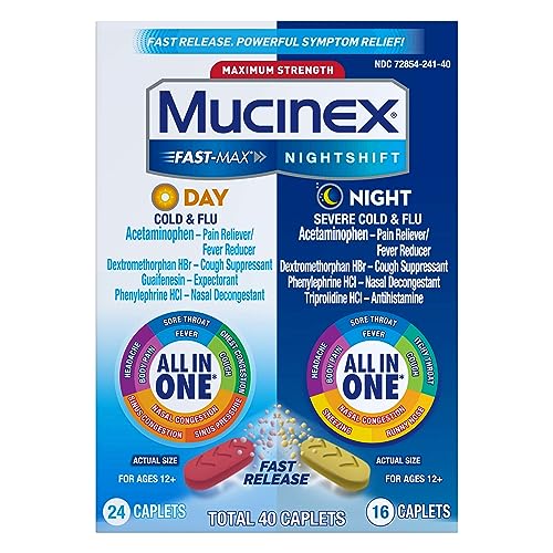 Maximum Strength Mucinex Fast-Max Day Cold & Flu & Nightshift Night Severe Cold & Flu All In One, Fast Release, Powerful Multi-Symptom Relief, 40 caplets (24 Day time + 16 Night time)