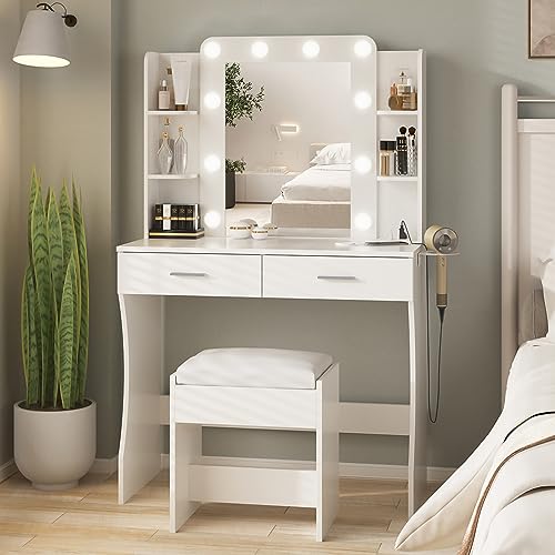 Vanity Desk with Lights,Makeup Vanity with Power Strip,Dressing Table Set with 2 Large Drawers,Vanity Mirror 3 Lighting Color Adjustable,White