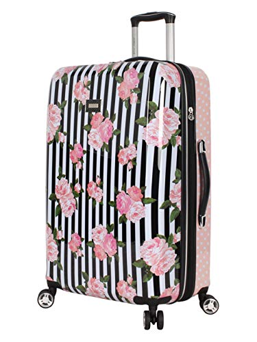 Betsey Johnson 26 Inch Checked Luggage Collection - Expandable Scratch Resistant (ABS + PC) Hardside Suitcase - Designer Lightweight Bag with 8-Rolling Spinner Wheels (Stripe Roses)