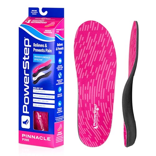 PowerStep Pinnacle Pink Orthotics for Women - Arch Support Inserts for Pain Relief & Plantar Fasciitis - Firm + Flexible for Increased Comfort, Stability and Control from Pronation (W 8-8.5, M 6-6.5)