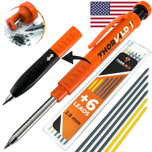 THORVALD New 2-in-1 Carpenter Pencils winth Finger Grip for Carpenter (Incl. 7 Leads + Sharpener) Solid Mechanical Pencils with Fine Point/Best Marking tools Construction/Carpenters/Scriber
