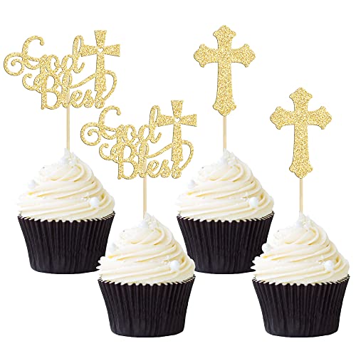 Gyufise 24Pcs God Bless and Baptism Cupcake Toppers Glitter Cross God Bless Cupcake Picks for Christian First Communion Baptism Party Cake Decorations Supplies Gold