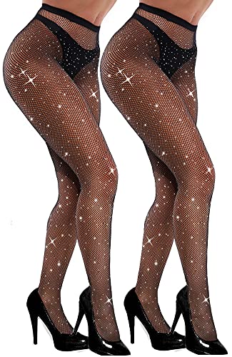 VEBZIN 2 Pack Sparkly Tights Black Fishnet Tights For Women Fishnets Stockings Rhinestone Womens Leggings Pantyhose