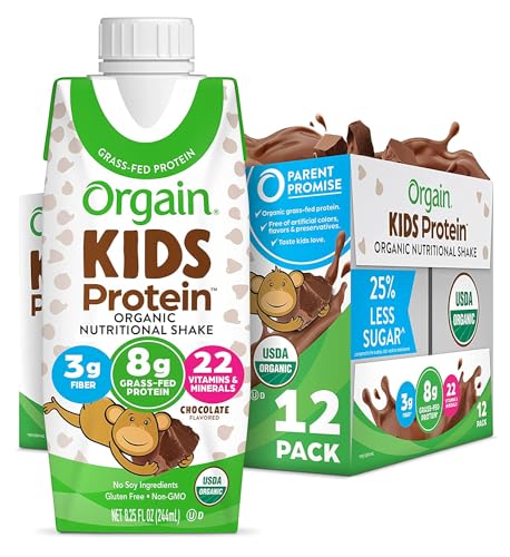 Orgain Organic Kids Nutritional Protein Shake, Chocolate - Kids Snacks with 8g Dairy Protein, 22 Vitamins & Minerals, Fruits & Vegetables, Gluten Free, Soy Free, Non-GMO, 8.25 Fl Oz (Pack of 12)