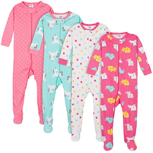 Gerber Baby Girls' 4-Pack Footed Pajamas, Unicorns Cats Pink, 12 Months