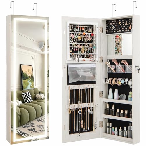 CHARMAID LED Mirror Jewelry Cabinet, 47.2'' Jewelry Armoire with Adjustable Lighted Full Length Mirror, Wall Mounted or Door Hanging, Lockable Jewelry Organizer Storage (Grayish White, 47.2''H)