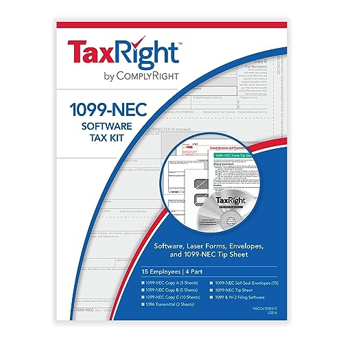 ComplyRight 2023 TaxRight 1099-NEC Tax Kit (4-Part) | 15 Recipients |Self-Seal Envelopes | Software