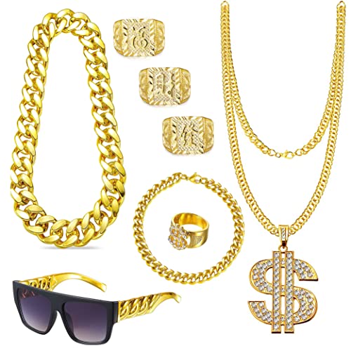 EIELO 80s 90s Accessories Outfit for Men Hip Hop Costume Kit Old School Rapper Sunglasses Faux Gold Rope Chain Bracelet Dollar Sign Chain Ring Kanji Ring Halloween Party Decorations