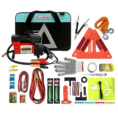 BLIKZONE Aqua Car Emergency Kit for Vehicles Road Trip, Car Essentials for Women with Tire Repair Kit, Jumper Cables, Heavy Duty Digital Air Compressor, Multitool. Truck Accessories for Men.