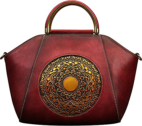 Genuine Leather Handbags for Women, Organizer Top Handle Satchel Vintage Embossing Totem Shoulder Bag Medium