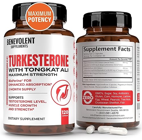 Turkesterone 8,000mg [Highest Purity] + BioPerine for High Absorption Supplement with Tongkat Ali - Increase Stamina, Lean Muscle Growth & Recovery, Boosts Drive 3rd Party Tested 2 Months Supply