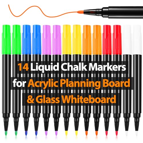 OORAII Liquid Chalk Markers for Acrylic Fridge Calendar Planning Board Clear Glass Dry Erase Board Refrigerator Whiteboard for Window/Mirror, 14 Pack, 7 Vibrant Colors, 1mm Fine Points, Easy Wet Erase