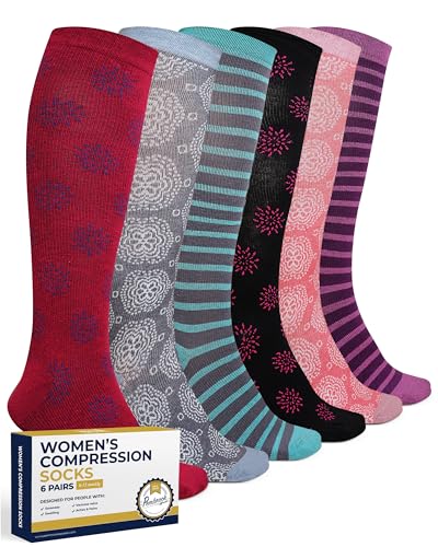 Pembrook Light Compression Socks for Women - 6 Pairs | Floral & Striped Compression Socks Women | 8-15 mmHg Compression Socks Women | Compression Socks for Women Cotton