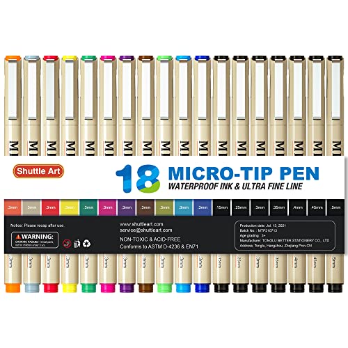 Shuttle Art 18-Pack Micro-line Pens - 11 Waterproof Archival Ink Colors in 0.3MM Felt Tip & 7 Blacks in 0.15-0.5MM For Journaling, Illustrating & Drawing