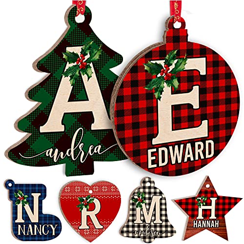 Personalized Christmas Initial Ornaments w/Name, 6 Shape, 3 Font, 8 Pattern - Customized Christma Wood Decorations - Custom Noel Star Heart Sock Bell Round Pine Tree Décor Xmas Gift C1