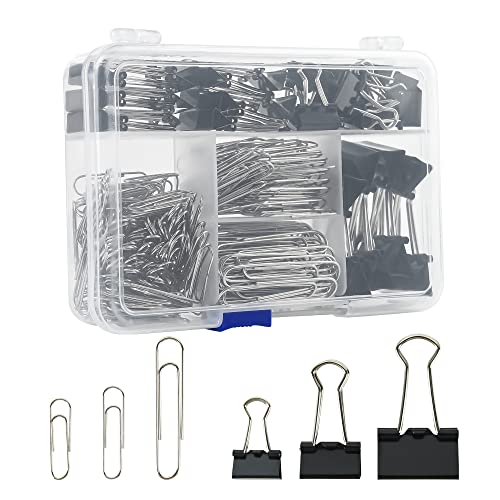 Binder Clips Paper Clips Assorted Sizes, 340pcs Black Binder Clips Jumbo Paperclips Set, Large Paper Clips for Office, School Supplies, Binder & Paper Clips in Container with Compartments