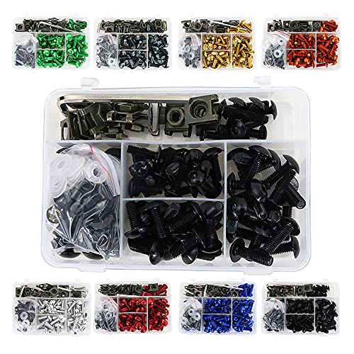 REARACE Motorcycle Universal Motorcycle Fairing Bolt Kits Fit for CRF-R Series, YZ Series, Ninja/ZX Series, GSX/DRZ Series, Fixing Sport Bike Screws, Washers Nuts Clips Assortment (Black)