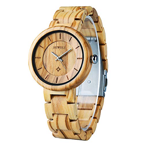 BEWELL Wooden Watches for Women Handmade Olive Wrist Watch with Simple Classic Dial Adjustable Wood Band