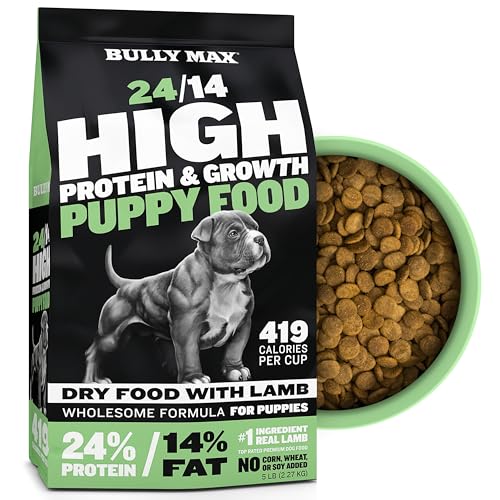Bully Max Puppy Food 24/14 High Protein & Growth Formula - Dry Dog Food with Lamb and Rice for Small Dogs and Large Breed Puppies - Natural, Slow-Cooked, Sensitive Stomach Pet Food, 5-Pound Bag