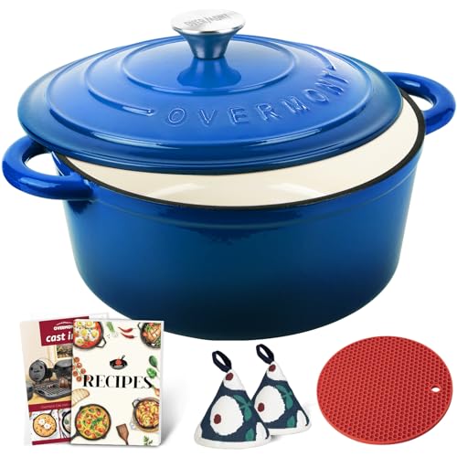 Overmont Enameled Cast Iron Dutch Oven - 5.5QT Pot with Lid Cookbook & Cotton Potholders - Heavy-Duty Cookware for Braising, Stews, Roasting, Bread Baking blue