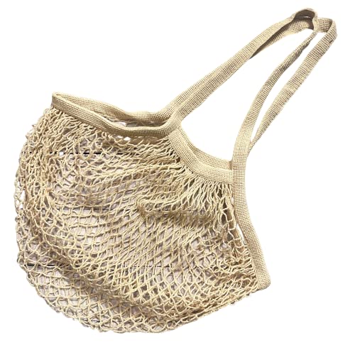 Green Handle US - Mesh Net Bag with Long Shoulder Handle Bag Stretchable Reusable for Grocery Shopping Beach Toys Storage (Natural Beige)