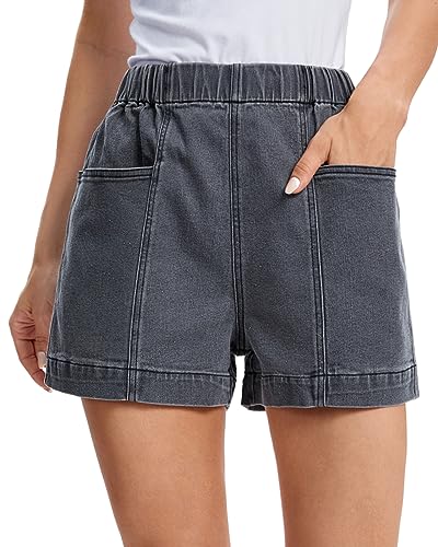 Fuinloth Women's Denim Shorts, Elastic Wasit Mid Rise Loose Fit with 2 Front Pockets, Stretchy Jeans Short Pants Gray Large