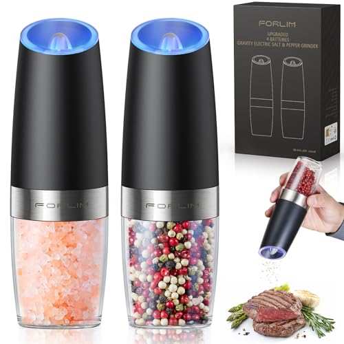 FORLIM Gravity Electric Salt and Pepper Grinder Set, Automatic Pepper Grinder Shakers Mill, Upgraded Batteries Powered Adjustable Coarseness with LED, One Hand Operation Perfect for Kitchen
