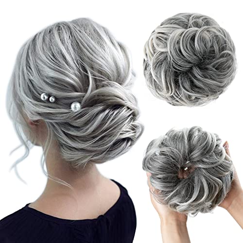 CJL HAIR Large Messy Bun Hair Piece Wavy Curly Scrunchies Synthetic Chignon Ponytail Hair Extensions Thick Updo Hairpieces for Women (Gray and White Tips)