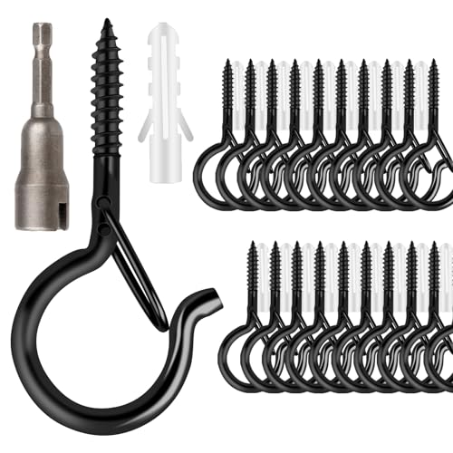 24 PCS Q-Hanger Hooks, Screw Hooks for Outdoor String Lights, Safety Buckle Design Cup Eye Hook for Hanging Christmas Lights, Plants, Wind Chimes, Mounted on Wall Ceiling, Include 1 Wing Nut Driver