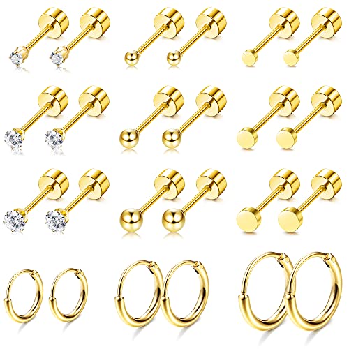 FASACCO 14K Cartilage Earrings Small Tiny Stud Earring Gold Studs Stainless Steel Earring Sets for Multiple Piercing Flat Back Earrings for Women